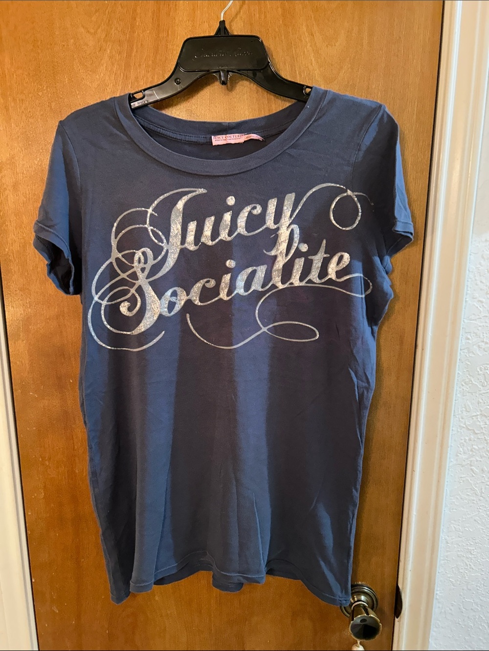 Vintage Juicy Couture Navy Blue Metallic Script Tee in perfect shape! L